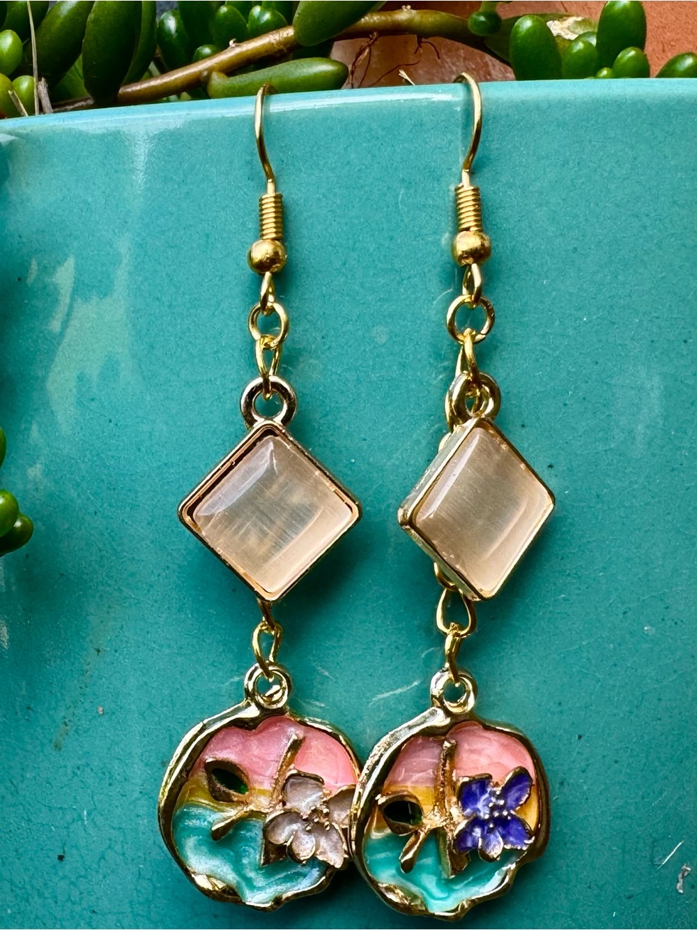 Gold Tone Floral Drop Earrings with Pink and Turquoise Enamel